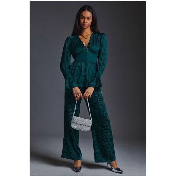 NEW By Anthropologie Green Deep V-Neck Buttonfront Babydoll Tunic Blouse X-Small - Picture 2 of 4